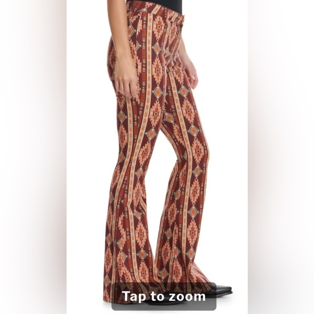 Rock&Roll Western Aztec High-Rise Flare Denim Jeans in Maroon Orange